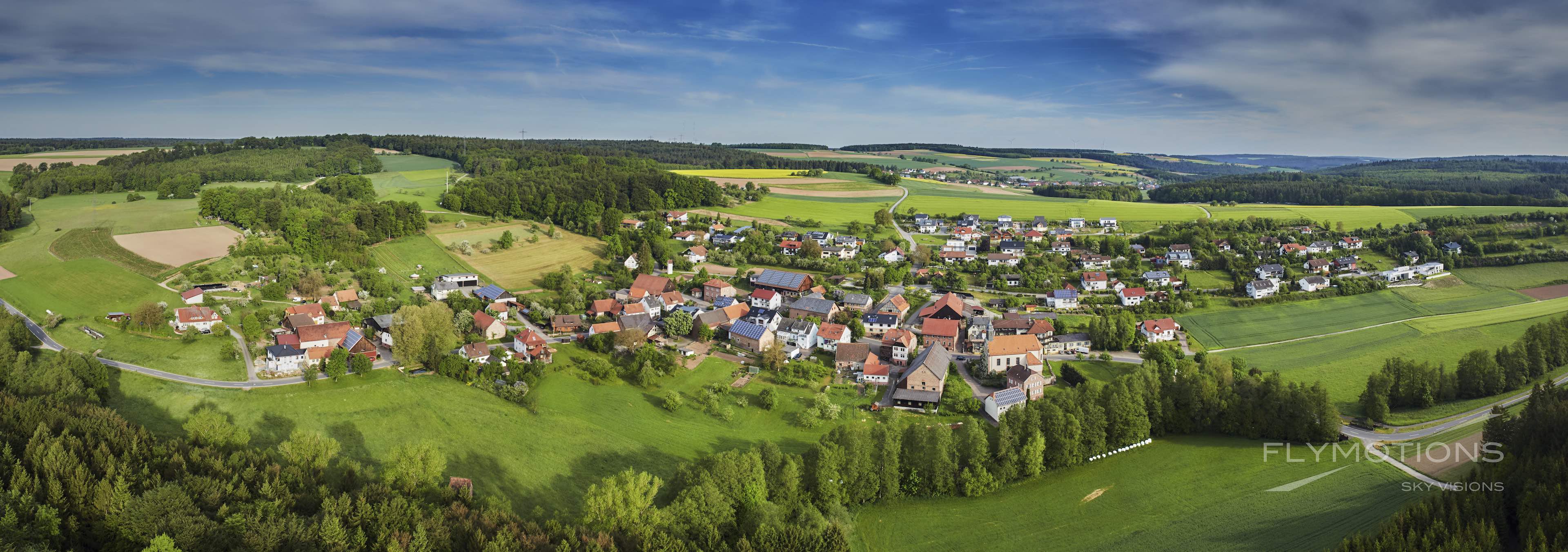 Buchen Odenwald after sunrise. Panoramic view. Drone.